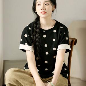 Short Sleeves Cotton Black Polka Dots T-shirt
