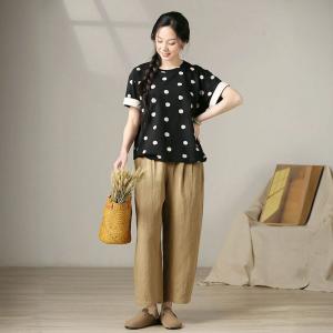 Short Sleeves Cotton Black Polka Dots T-shirt
