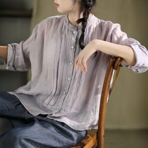 Lace Collar Pleated Ramie Loose Sheer Blouse