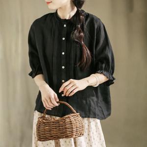 Lace Collar Pleated Ramie Loose Sheer Blouse