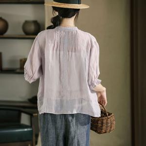 Lace Collar Pleated Ramie Loose Sheer Blouse