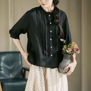 Lace Collar Pleated Ramie Loose Sheer Blouse