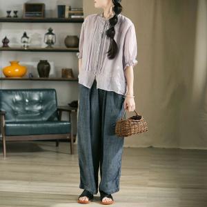 Lace Collar Pleated Ramie Loose Sheer Blouse