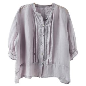 Lace Collar Pleated Ramie Loose Sheer Blouse