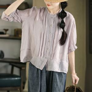 Lace Collar Pleated Ramie Loose Sheer Blouse