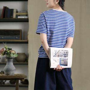 White and Blue Striped Casual Cotton Tee