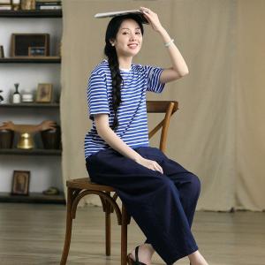 White and Blue Striped Casual Cotton Tee