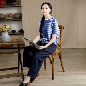 White and Blue Striped Casual Cotton Tee