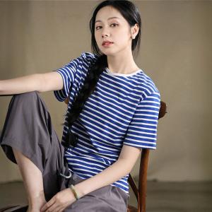 White and Blue Striped Casual Cotton Tee