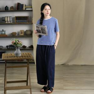 White and Blue Striped Casual Cotton Tee