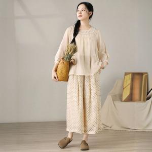 Beach Style Little Dots Ramie Palazzo Pants