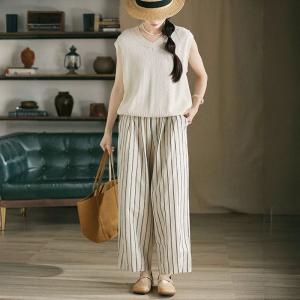 Vertical Striped Cotton Linen High Rise Pants
