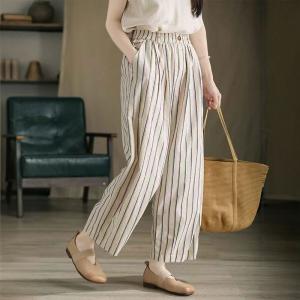 Vertical Striped Cotton Linen High Rise Pants