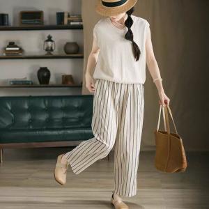 Vertical Striped Cotton Linen High Rise Pants