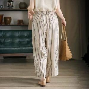 Vertical Striped Cotton Linen High Rise Pants