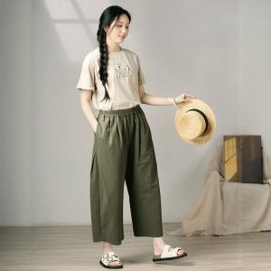 Blackish Green Cotton Casual Wide Leg Ankle Pants