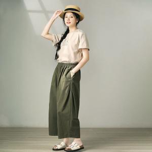 Blackish Green Cotton Casual Wide Leg Ankle Pants