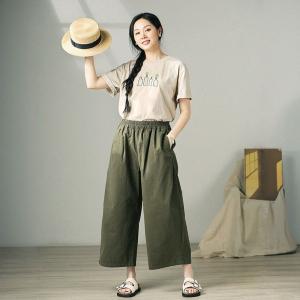 Blackish Green Cotton Casual Wide Leg Ankle Pants