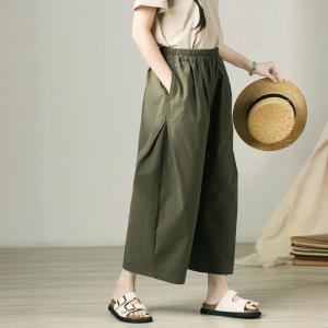 Blackish Green Cotton Casual Wide Leg Ankle Pants