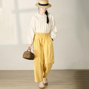 Pop Yellow Cotton Loose Straight Leg Pants