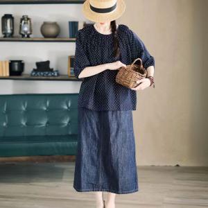 Little White Dots Cotton Linen Oversized Blue Blouse