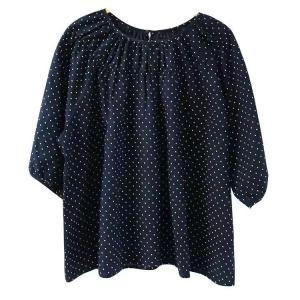 Little White Dots Cotton Linen Oversized Blue Blouse
