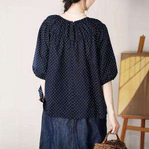Little White Dots Cotton Linen Oversized Blue Blouse