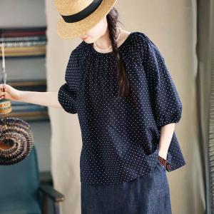 Little White Dots Cotton Linen Oversized Blue Blouse