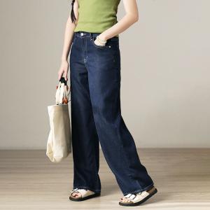 High Waist Dark Blue Straight Legs Long Jeans