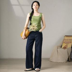 High Waist Dark Blue Straight Legs Long Jeans
