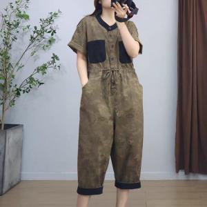 Tied Waist Short Sleeves Leaf Printed Casual Jumpsuits