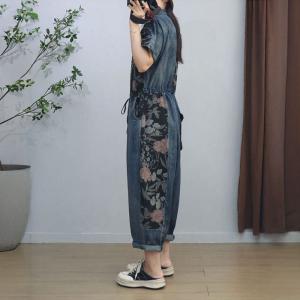 Polo Neck Summer Tied Flowers Patterned Jumpsuits