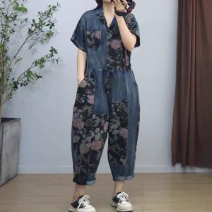 Polo Neck Summer Tied Flowers Patterned Jumpsuits
