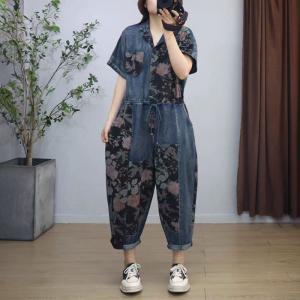 Polo Neck Summer Tied Flowers Patterned Jumpsuits