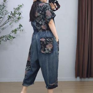 Polo Neck Summer Tied Flowers Patterned Jumpsuits