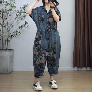 Polo Neck Summer Tied Flowers Patterned Jumpsuits