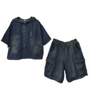 Hooded Short Jean Jacket with Baggy Jorts Sets