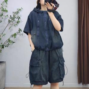 Hooded Short Jean Jacket with Baggy Jorts Sets
