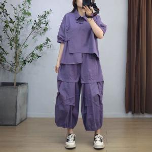 Chinese Frog Buttons Shirt with Plus Size Casual Pants