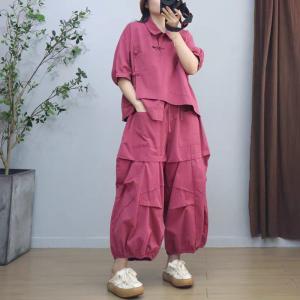 Chinese Frog Buttons Shirt with Plus Size Casual Pants
