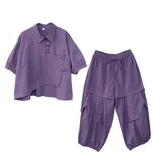 Chinese Frog Buttons Shirt with Plus Size Casual Pants