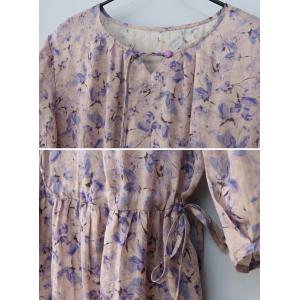 Purple Flowers High Waist Ramie Loose Dress
