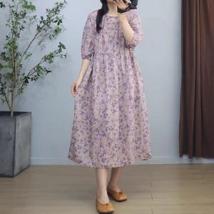 Purple Flowers High Waist Ramie Loose Dress