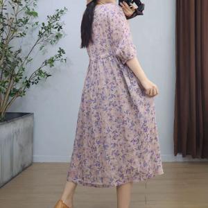 Purple Flowers High Waist Ramie Loose Dress