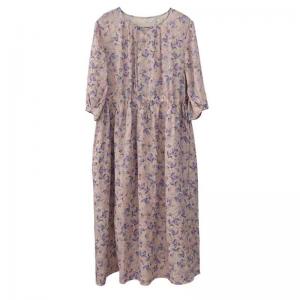 Purple Flowers High Waist Ramie Loose Dress