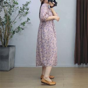 Purple Flowers High Waist Ramie Loose Dress