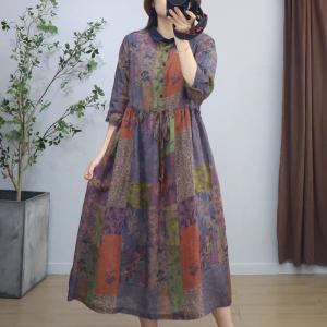 Lace Up Color Blocks Ramie Summer Dress