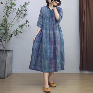 V-Neck Blue Striped Ramie Loose Folk Dress