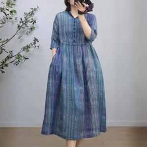 V-Neck Blue Striped Ramie Loose Folk Dress