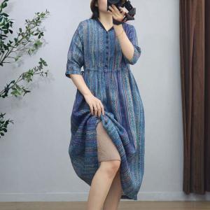 V-Neck Blue Striped Ramie Loose Folk Dress